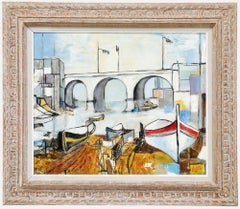Óleo enmarcado del siglo XX - Puente cerca del puerto de la ciudad