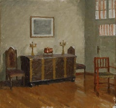 Gerahmtes Öl des 20. Jahrhunderts - Kerzenständer auf einer Truhe