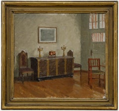 Gerahmtes Öl des 20. Jahrhunderts - Kerzenständer auf einer Truhe