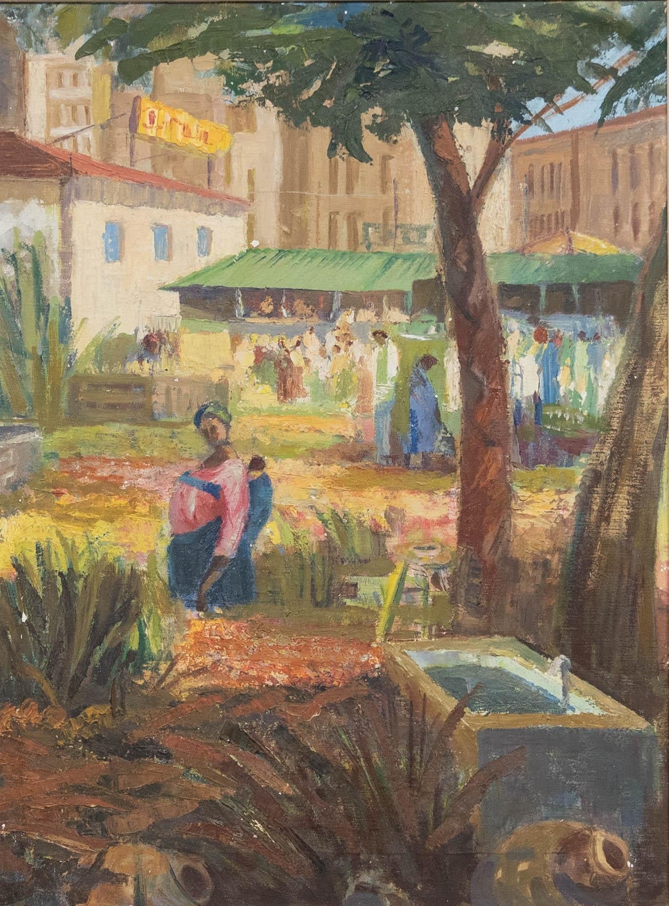 Gerahmtes Ölgemälde des 20. Jahrhunderts – Stadtmarktssszene – Painting von Unknown