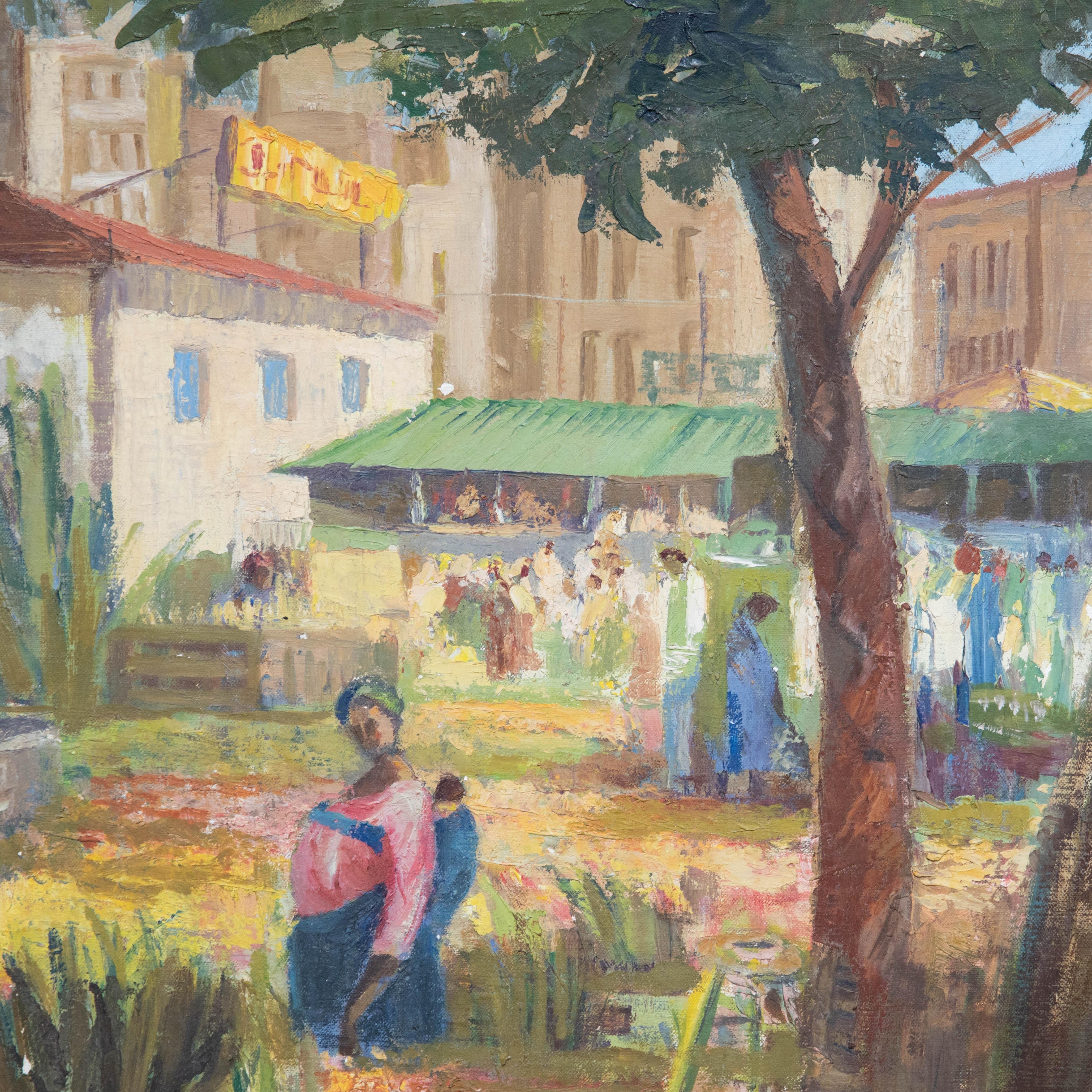 Eine farbenfrohe und ausdrucksstarke Studie eines afrikanischen Stadtmarktes mit Figuren am Rande. Gut präsentiert in einem großen cremefarbenen Rahmen. Nicht signiert. An Bord.