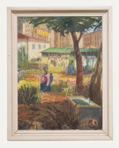 Framed 20th Century Oil - City Market Scene