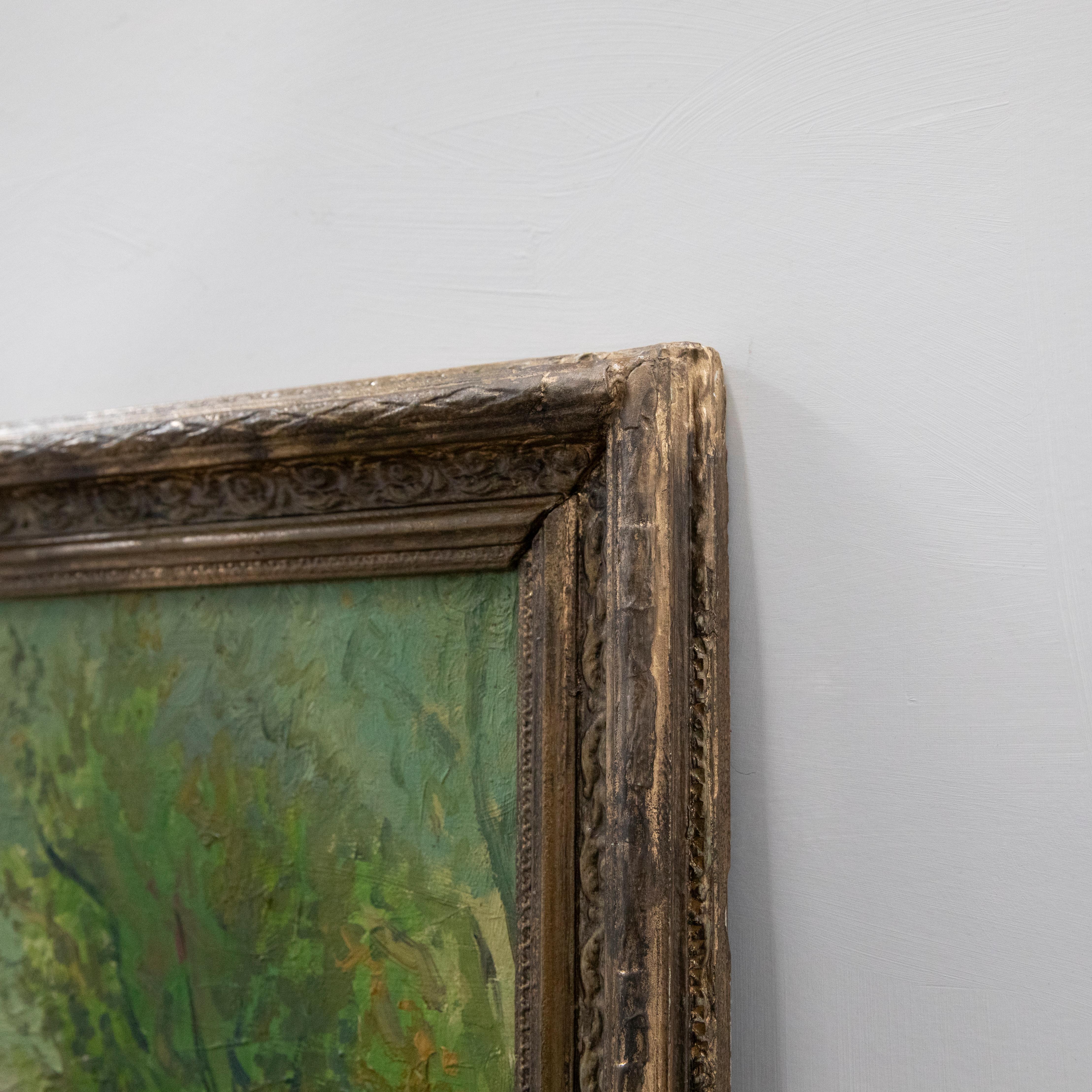 A commanding view over a vast city landscape, painted in an impressionistic light with soft sunset hues. Unsigned. Well-presented in a decorative gilt-effect frame. On board. 