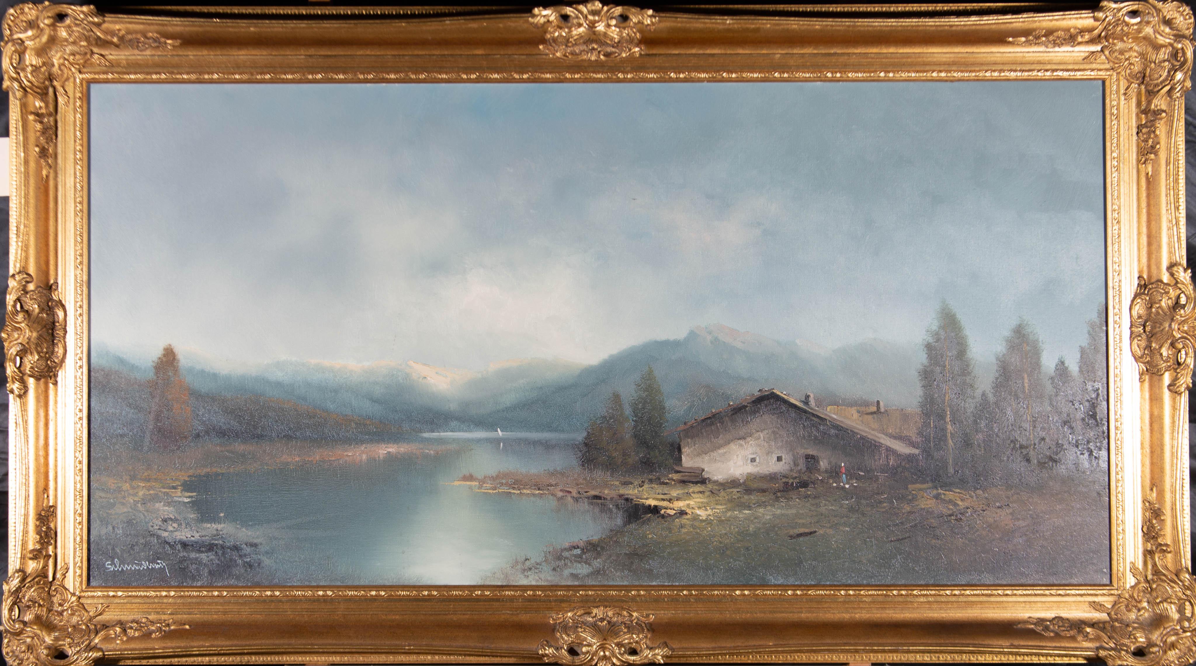 Unknown Landscape Painting - Framed 20th Century Oil - Continental Lakeside Chalet