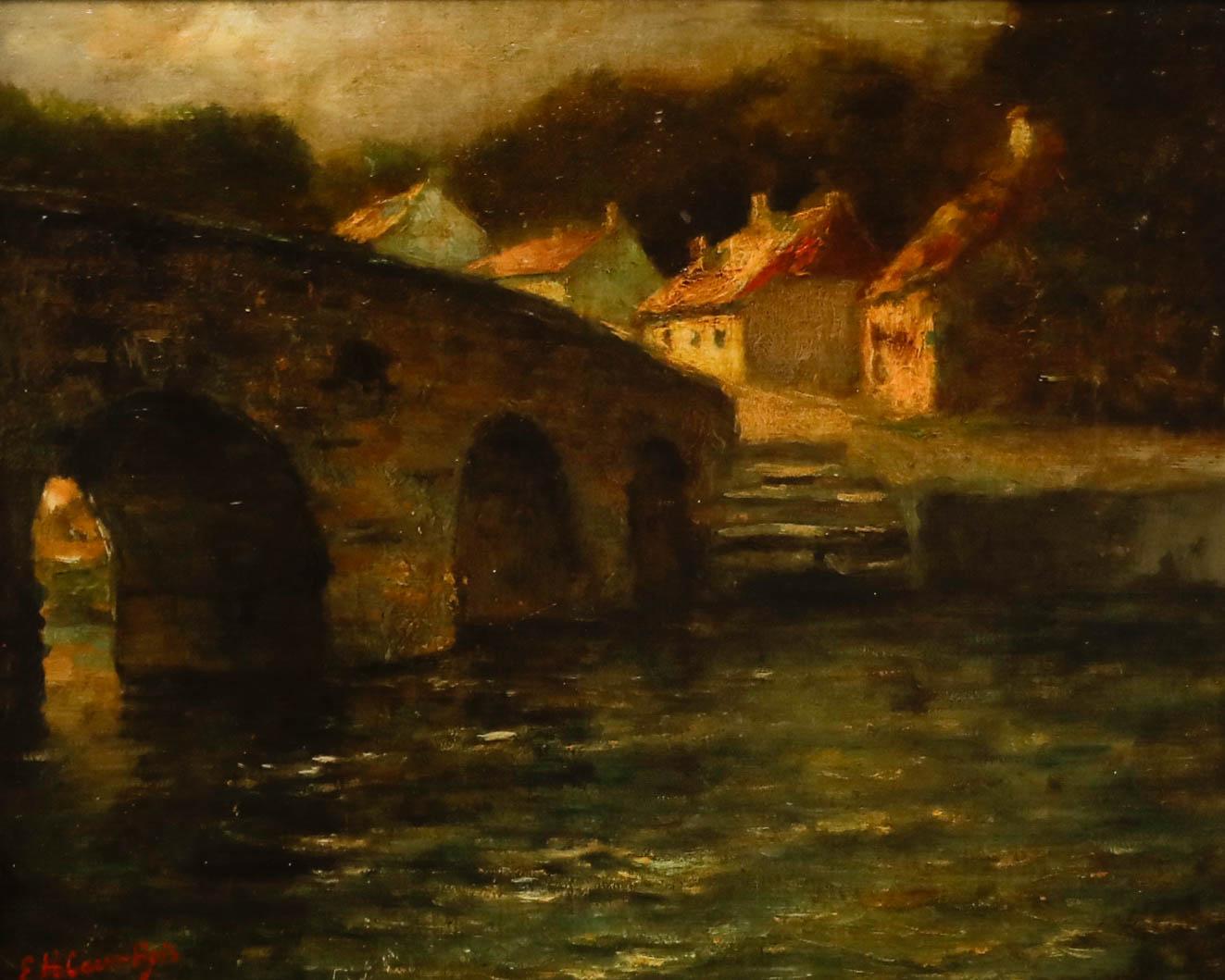 Gerahmtes Ölgemälde des 20. Jahrhunderts – Cottages by the Bridge – Painting von Unknown