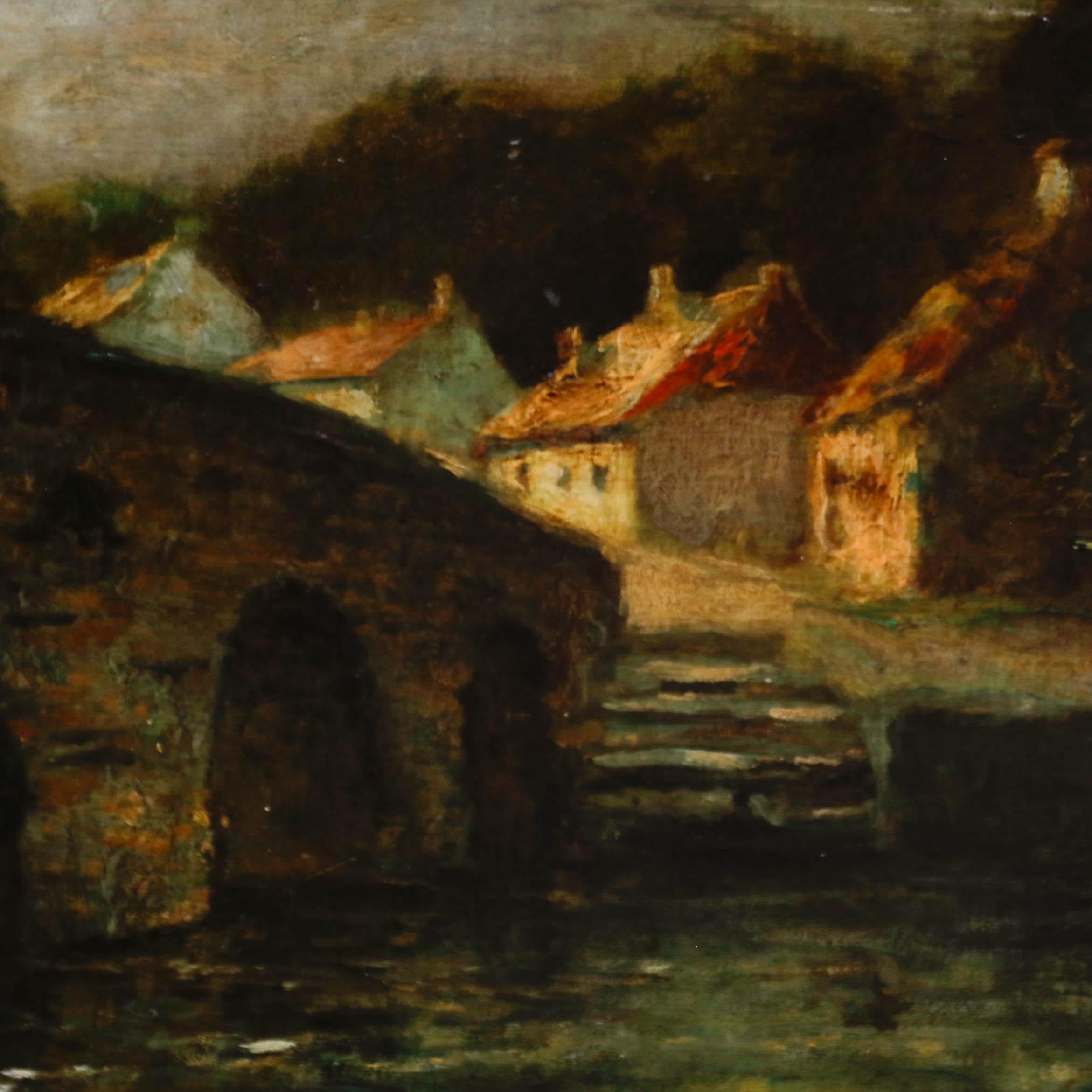 Impressionistische Szene in Öl. Hütten an der Dorfbrücke. Unleserlich links unten signiert. Präsentiert in einem modernen Rahmen aus Wurzelholz. Auf Leinwand auf Karton aufgezogen.