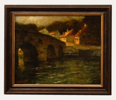 Vintage Framed 20th Century Oil - Cottages by the Bridge