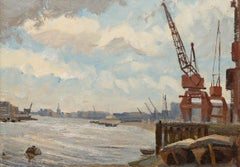 Gerahmtes Ölgemälde des 20. Jahrhunderts – Kraniche von einem Hafen