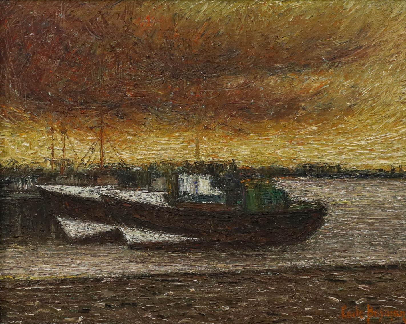 Olio del XX secolo incorniciato - Attracco al tramonto - Painting di Unknown