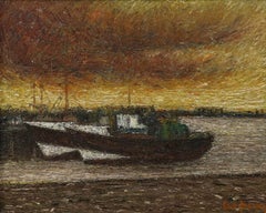 Framed 20th Century Oil - Docked at Dusk