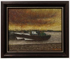 Framed 20th Century Oil - Docked at Dusk