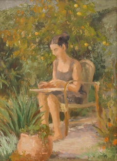 Framed 20th Century Oil - Drawing in the Garden