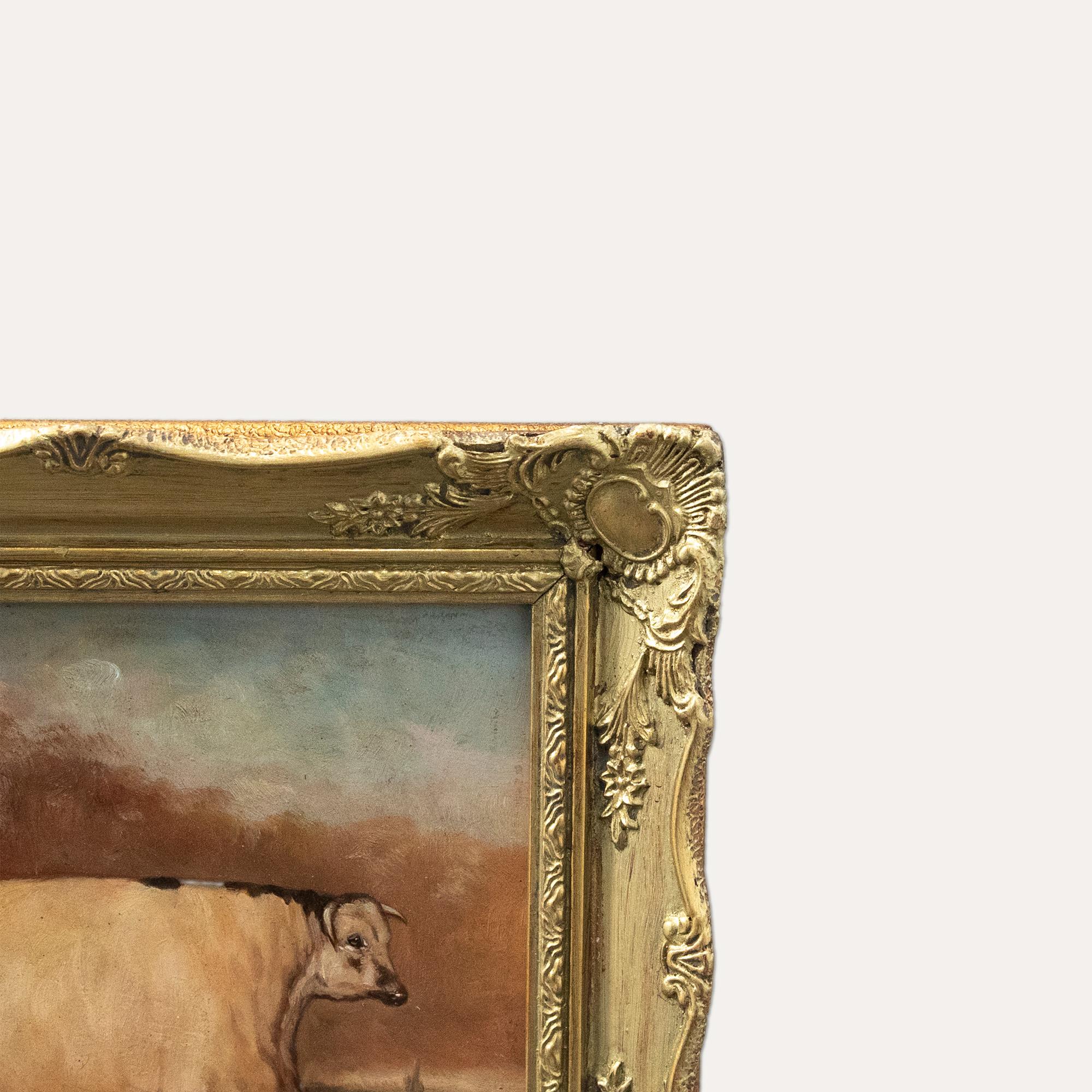 Un ritratto naif a olio di uno Shorthorn inglese di dimensioni eccessive, in piedi in un paesaggio. L'artista ha dipinto l'animale in uno stile che rispecchia quello dei dipinti originali della Folk Art del XIX secolo. Presentato in una cornice con