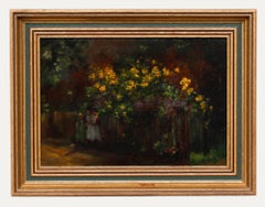 Vintage Framed 20th Century Oil - Figures by a Cottage Garden