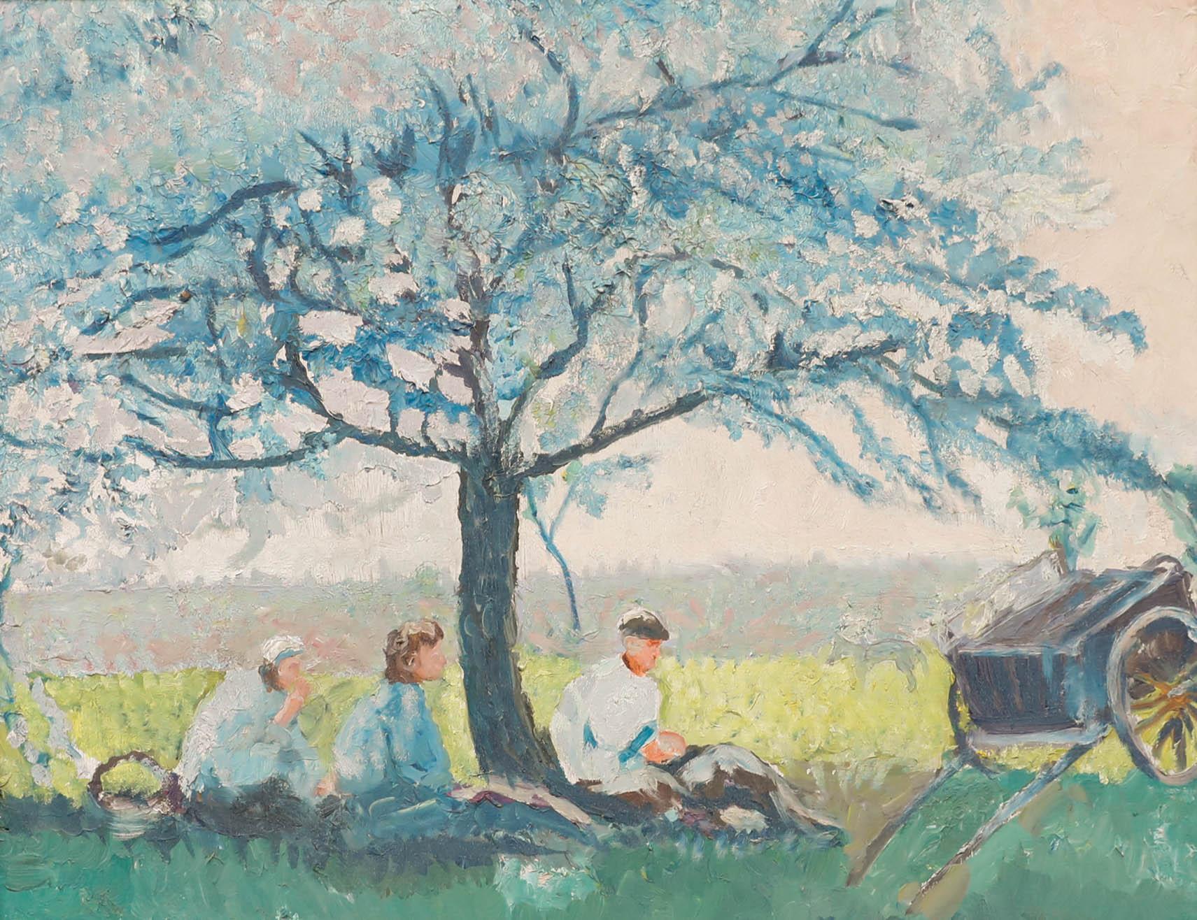 Framed 20th Century Oil - Figures Resting Under a Tree - Painting by Unknown