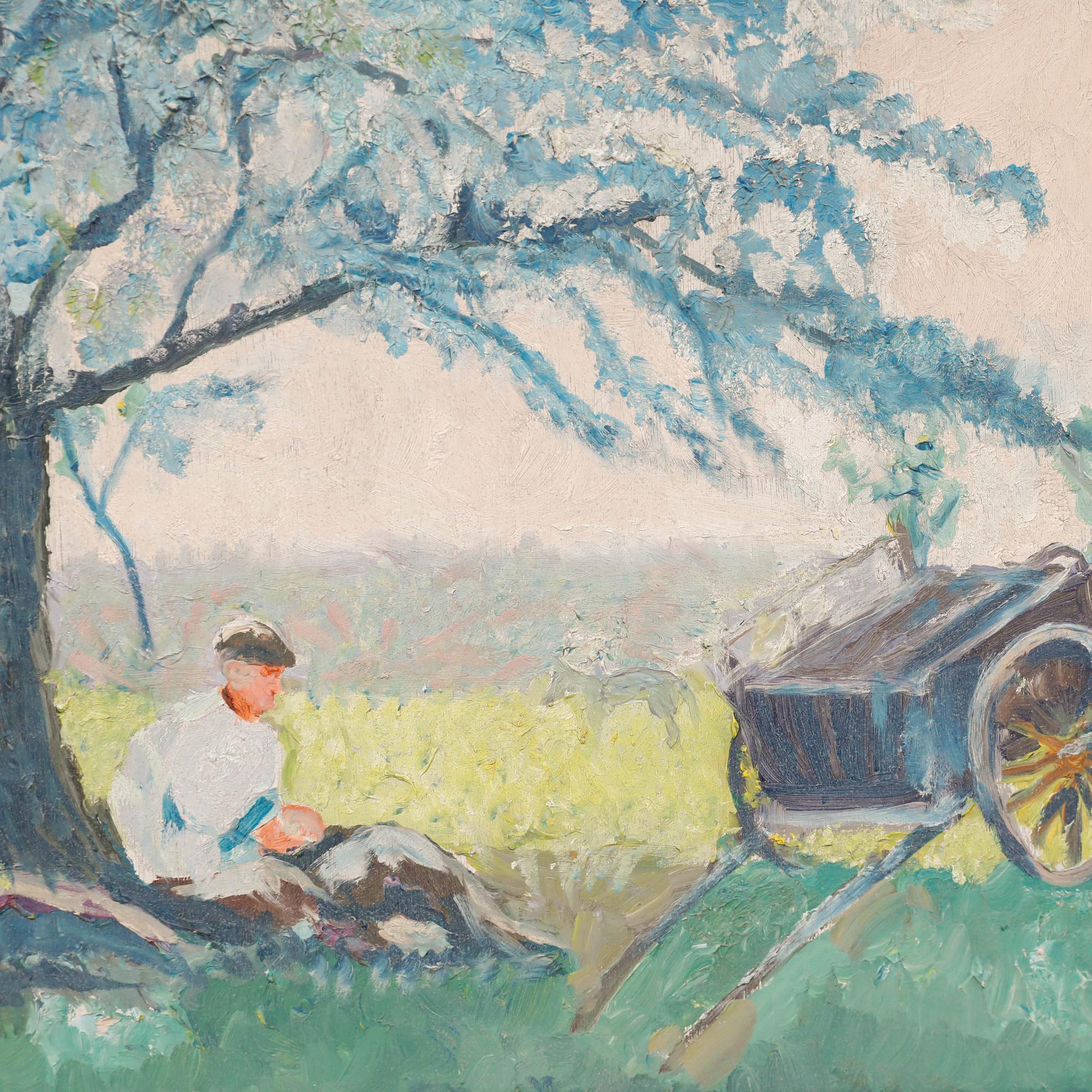 Impressionist landscape in oil. Figures resting under a tree. Unsigned. Presented in a stained wood frame. On panel. Image size: 36.5 x 47cm.