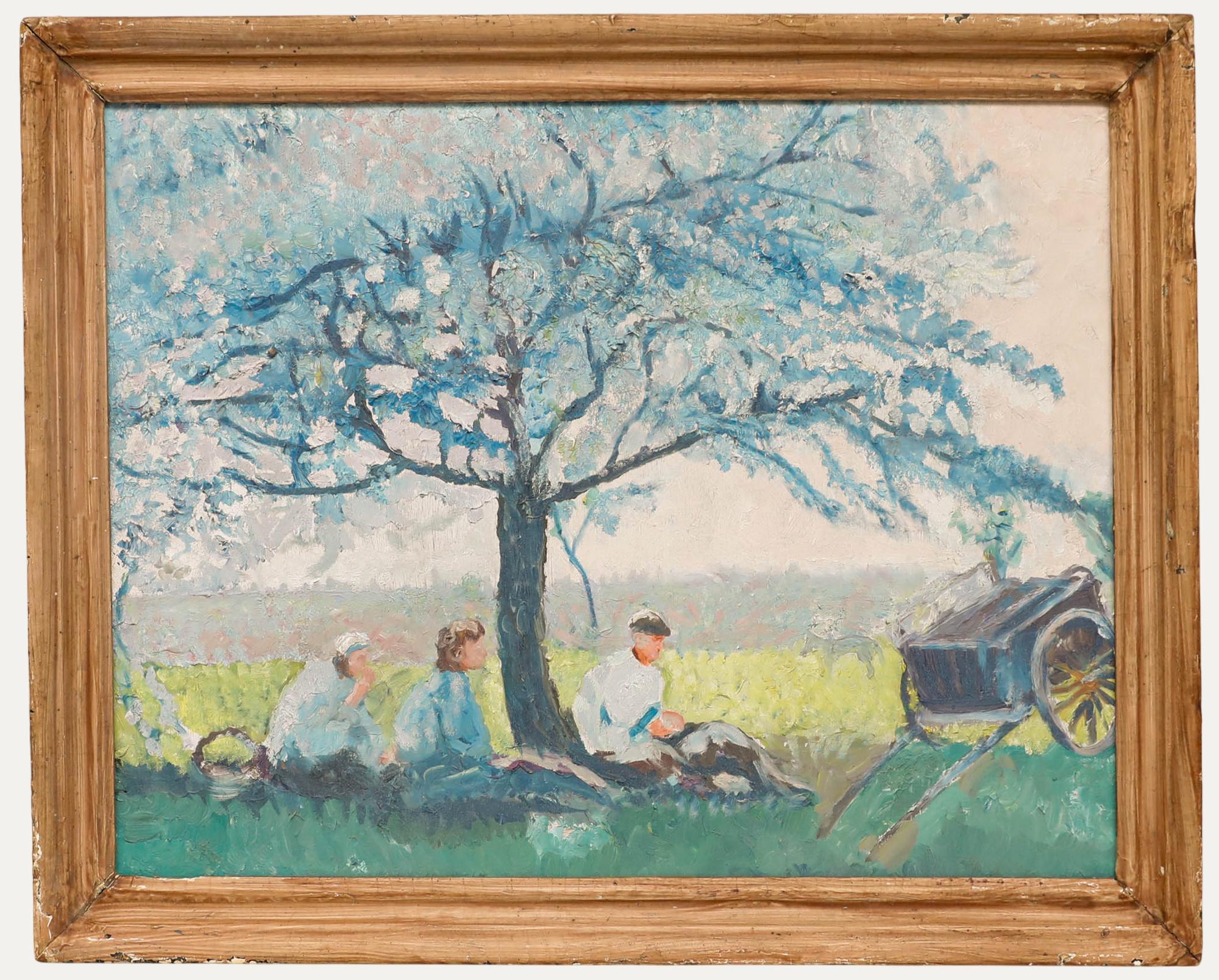 Framed 20th Century Oil - Figures Resting Under a Tree