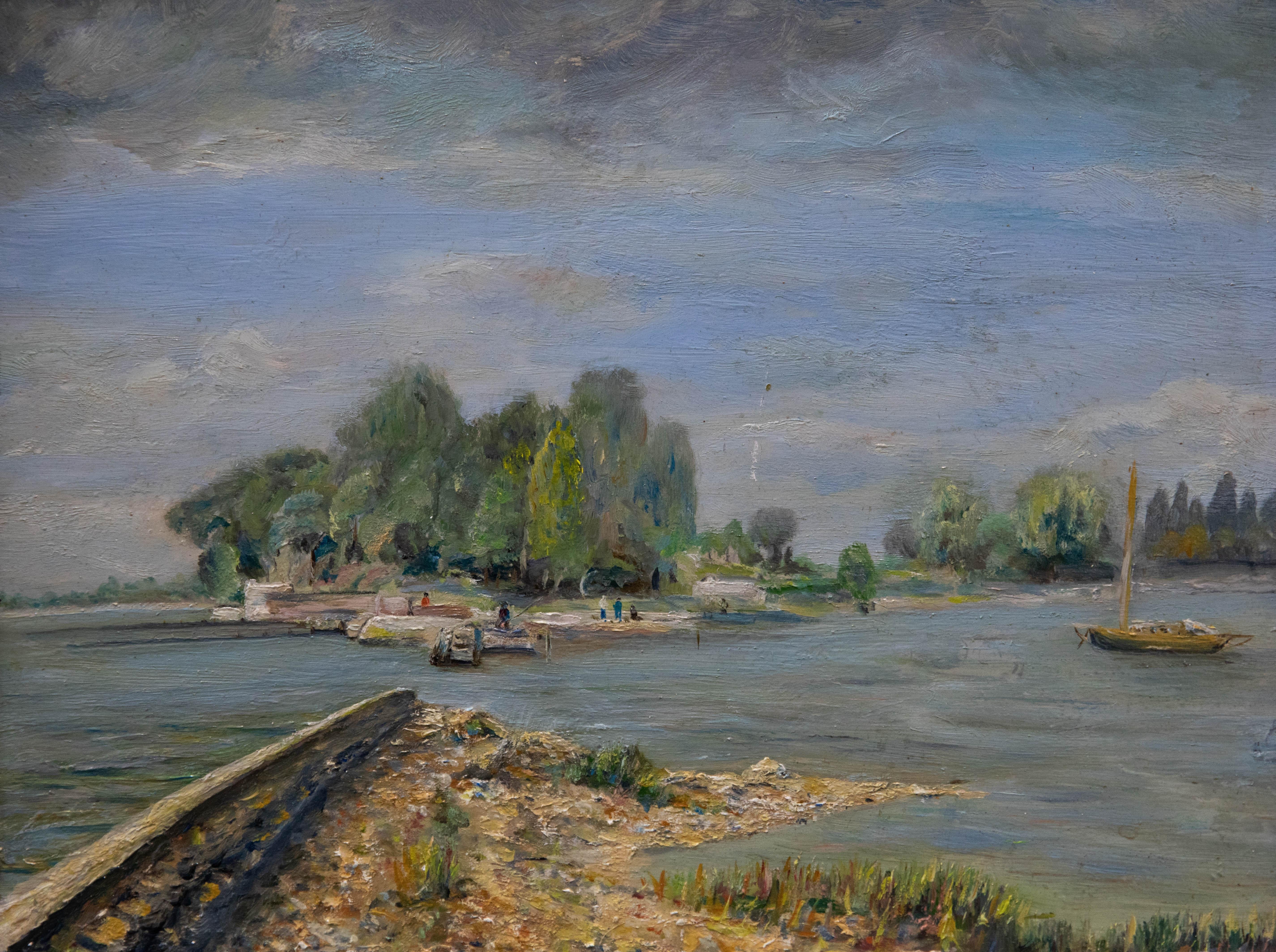 Huile du 20e siècle encadrée - Fishing from the Jetty - Painting de Unknown