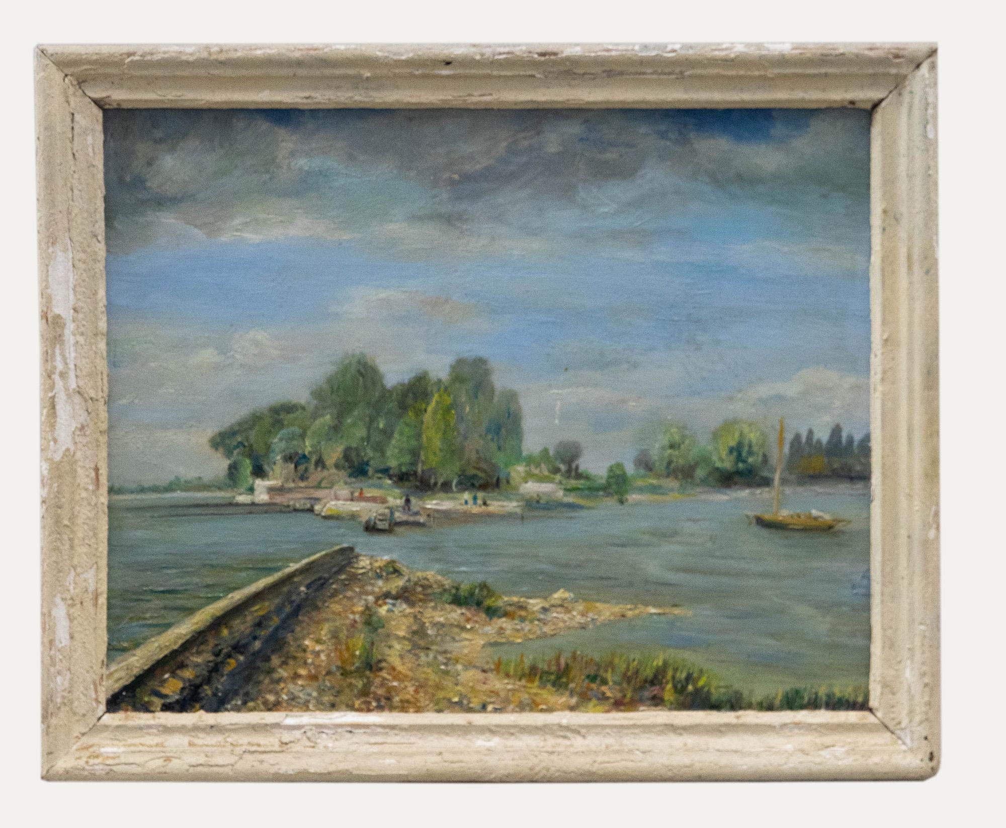 Unknown Landscape Painting - Framed 20th Century Oil - Fishing from the Jetty
