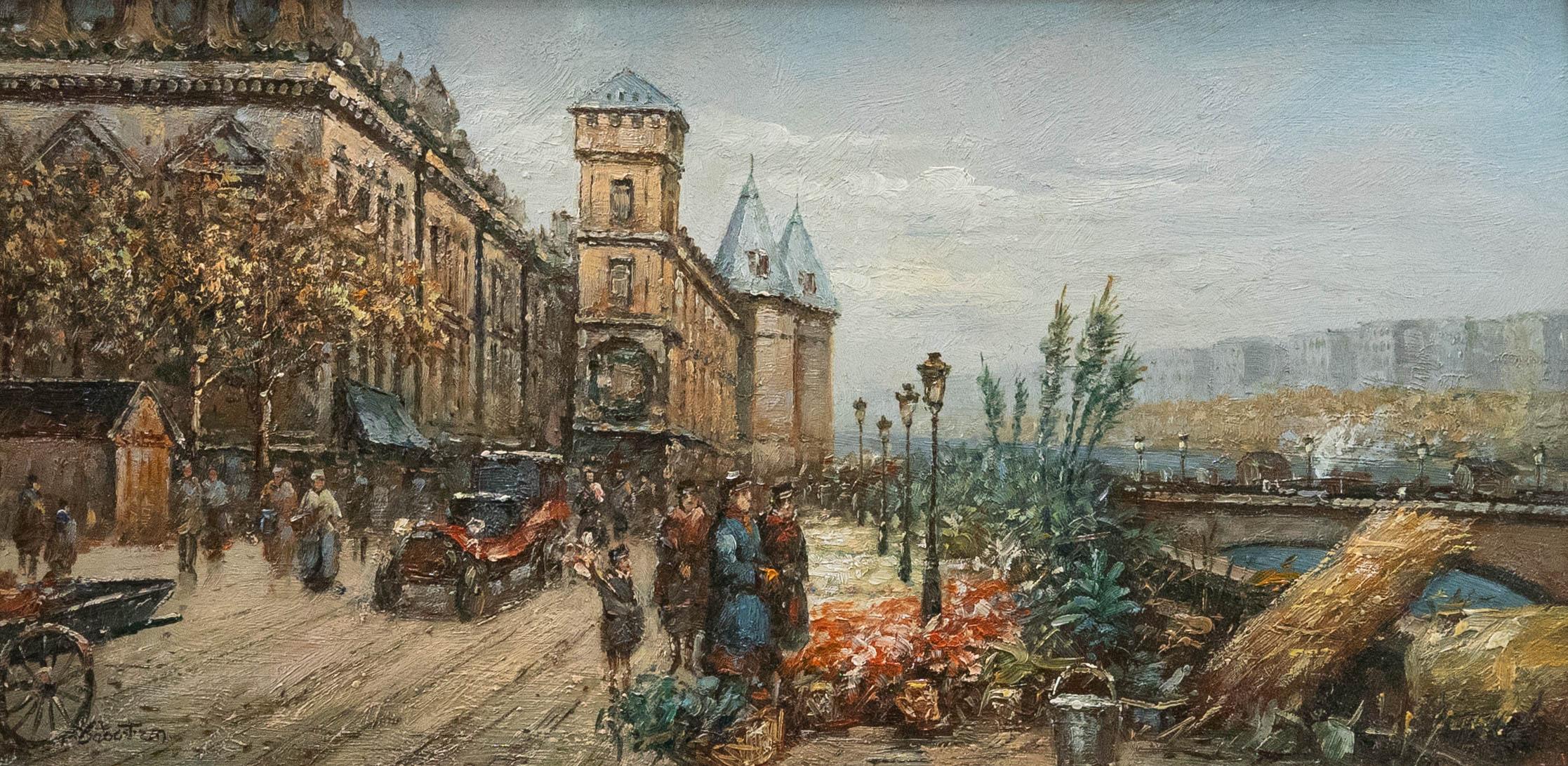 Framed 20th Century Oil - Flower Market along the Seine - Painting by Unknown