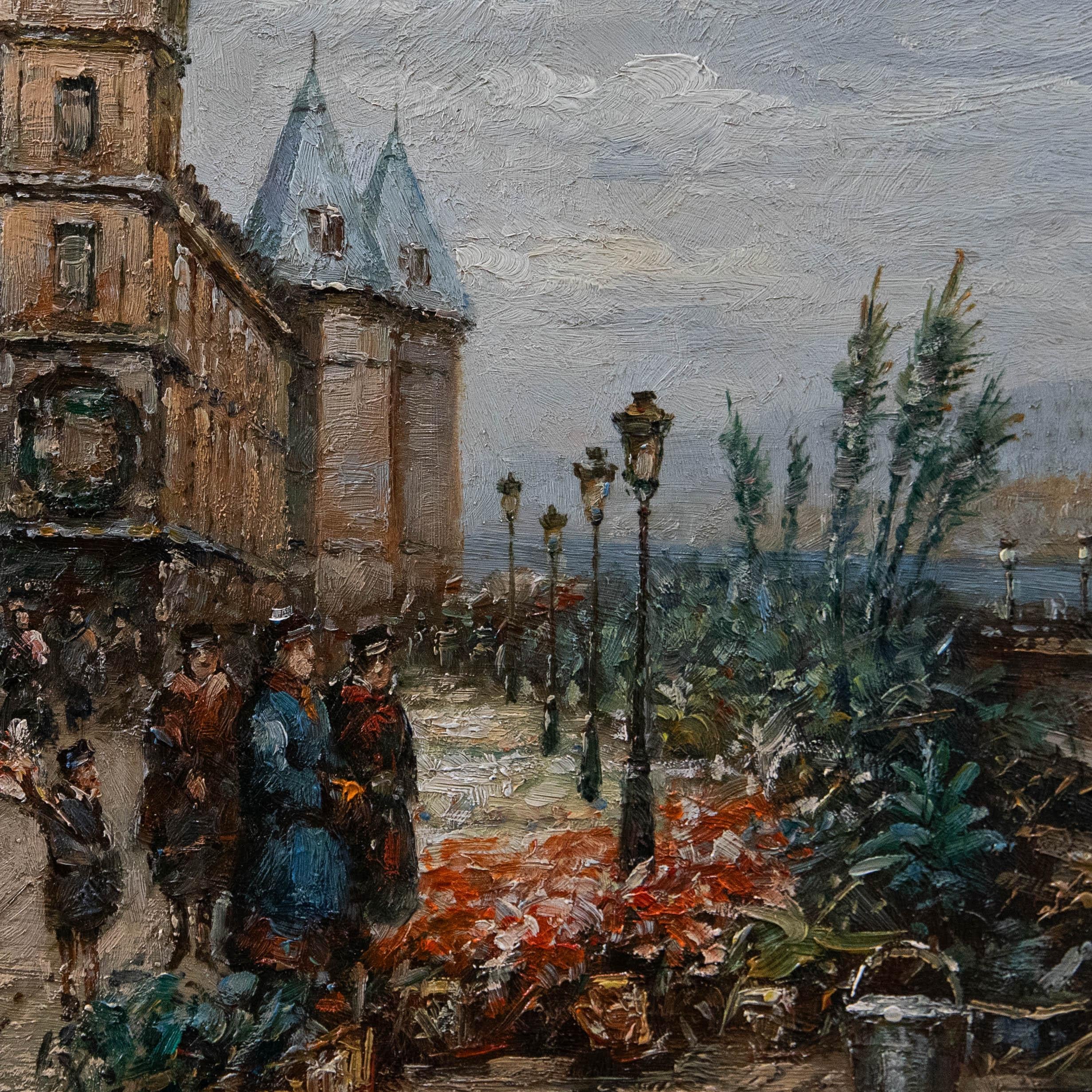 Framed 20th Century Oil - Flower Market along the Seine For Sale 1