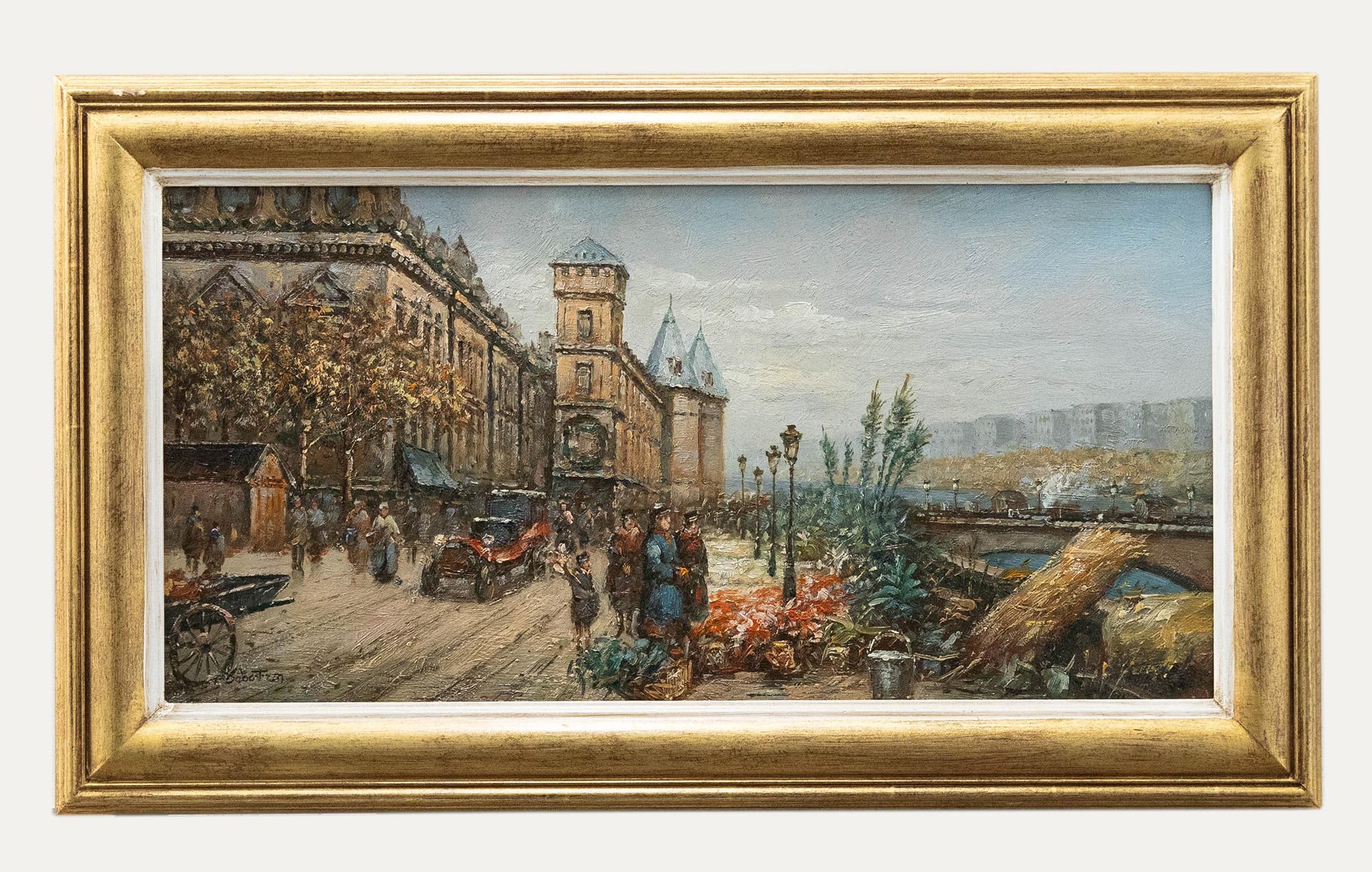Unknown Landscape Painting - Framed 20th Century Oil - Flower Market along the Seine