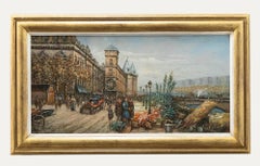 Gerahmtes Ölgemälde des 20. Jahrhunderts – Blumenmarkt entlang der Seine