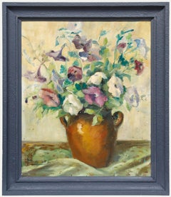Óleo enmarcado del siglo XX - Flores en una maceta de terracota