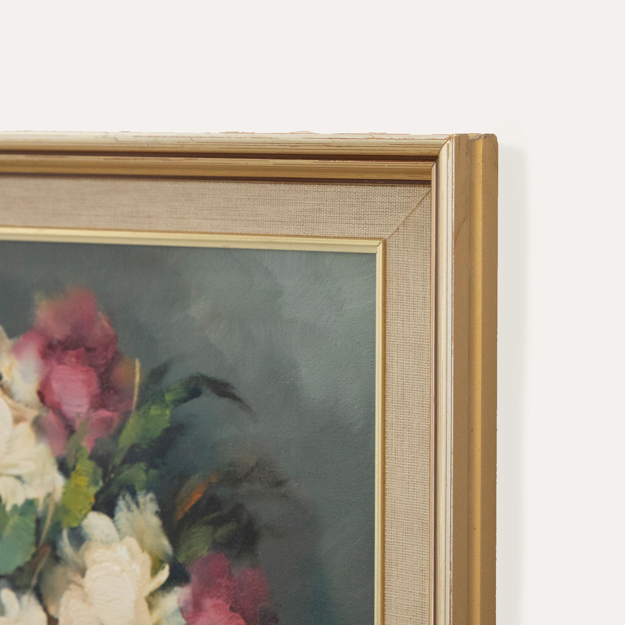 Huile encadrée du 20ème siècle - Fleurs dans un vase en vente 1
