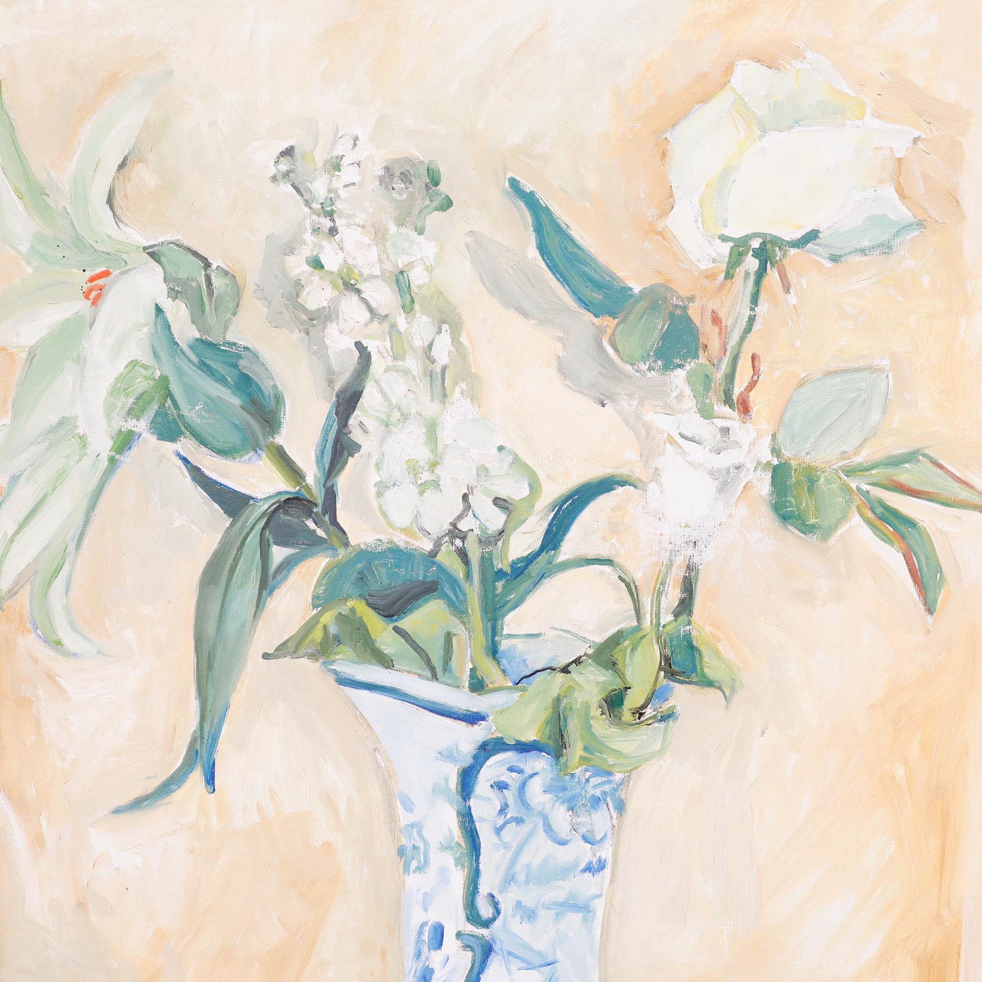 Olio del XX secolo incorniciato - Fiori in un vaso bianco e blu - Still-Life Painting Beige di Unknown
