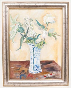 Olio del XX secolo incorniciato - Fiori in un vaso bianco e blu