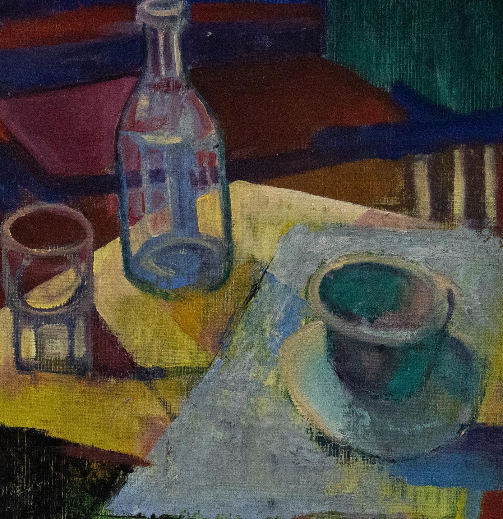 Framed 20th Century Oil - Glass & Bottle Still Life - Painting by Unknown