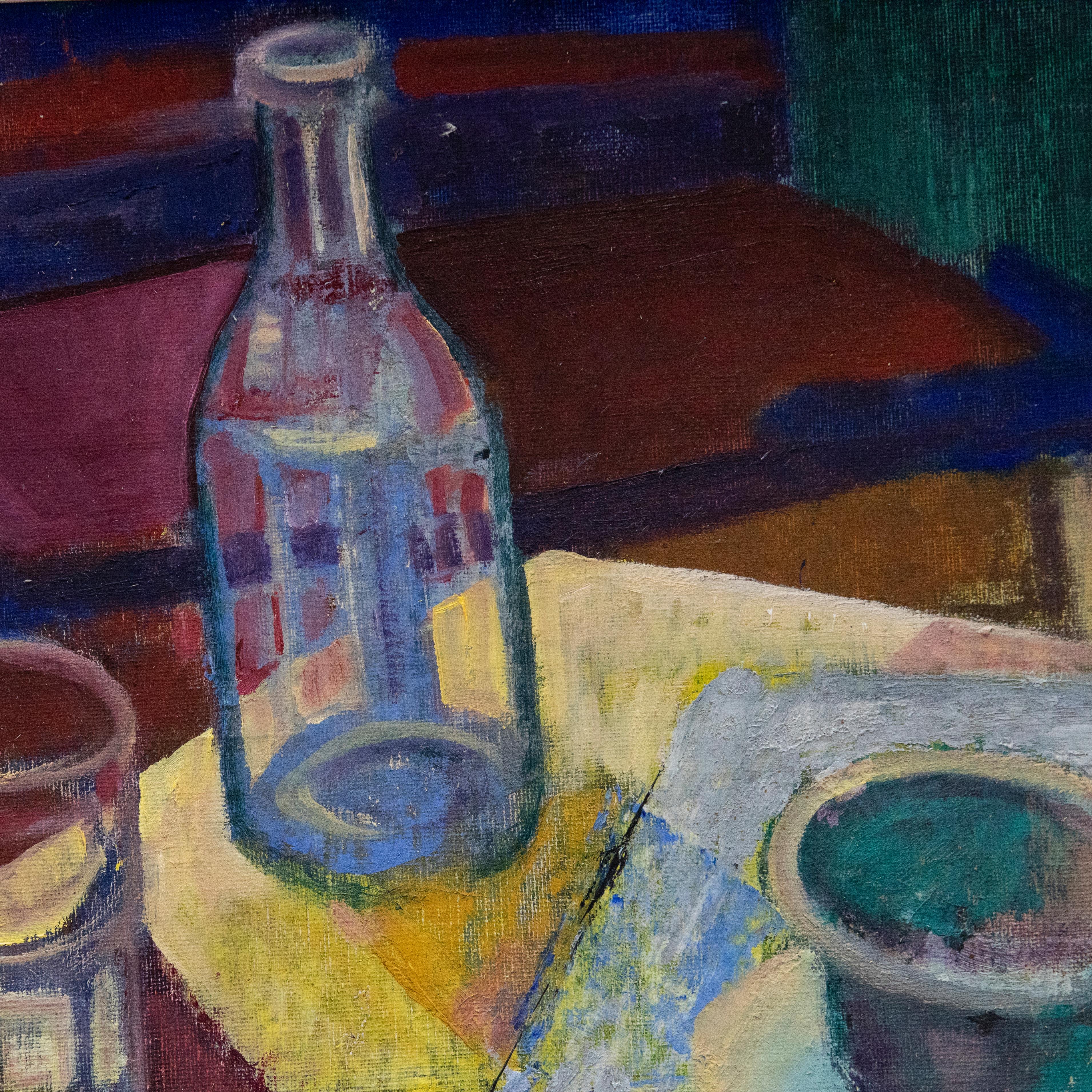 Framed 20th Century Oil - Glass & Bottle Still Life For Sale 1