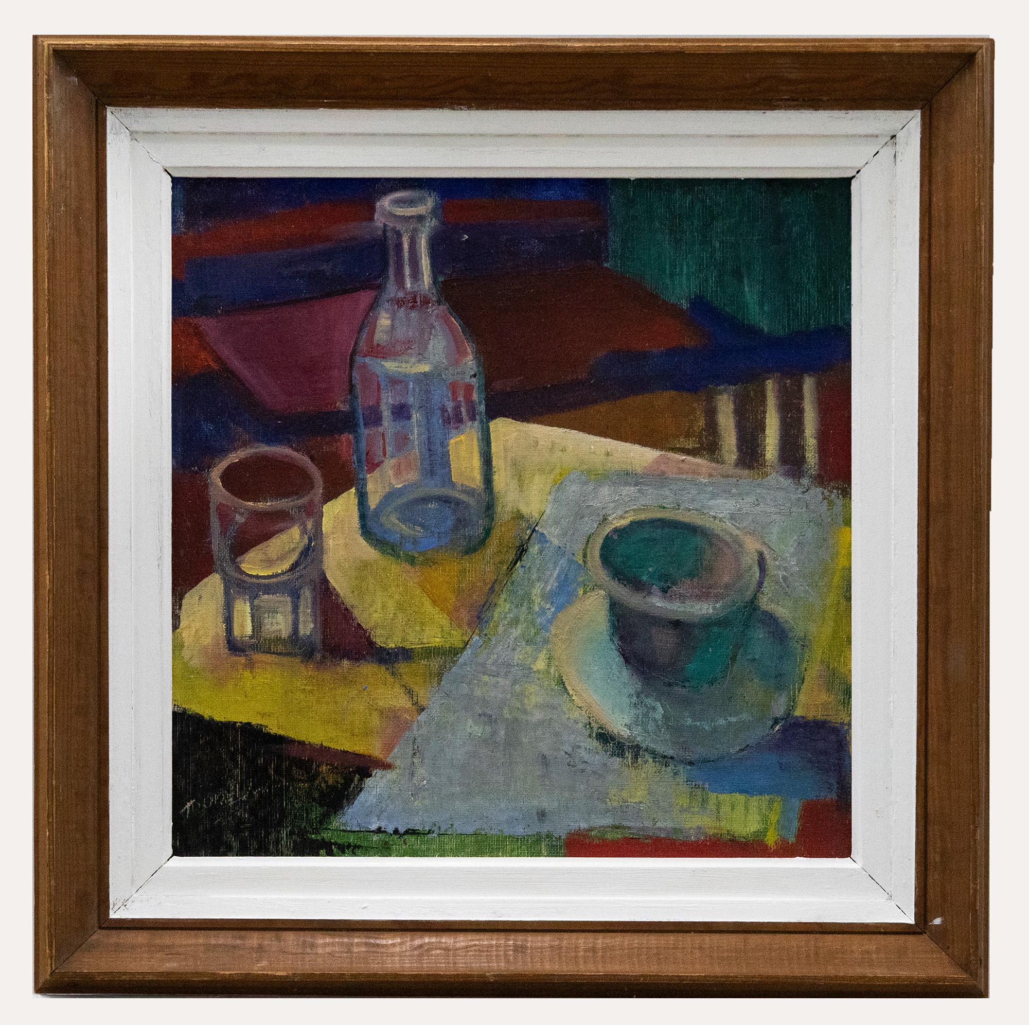 Unknown Still-Life Painting - Framed 20th Century Oil - Glass & Bottle Still Life