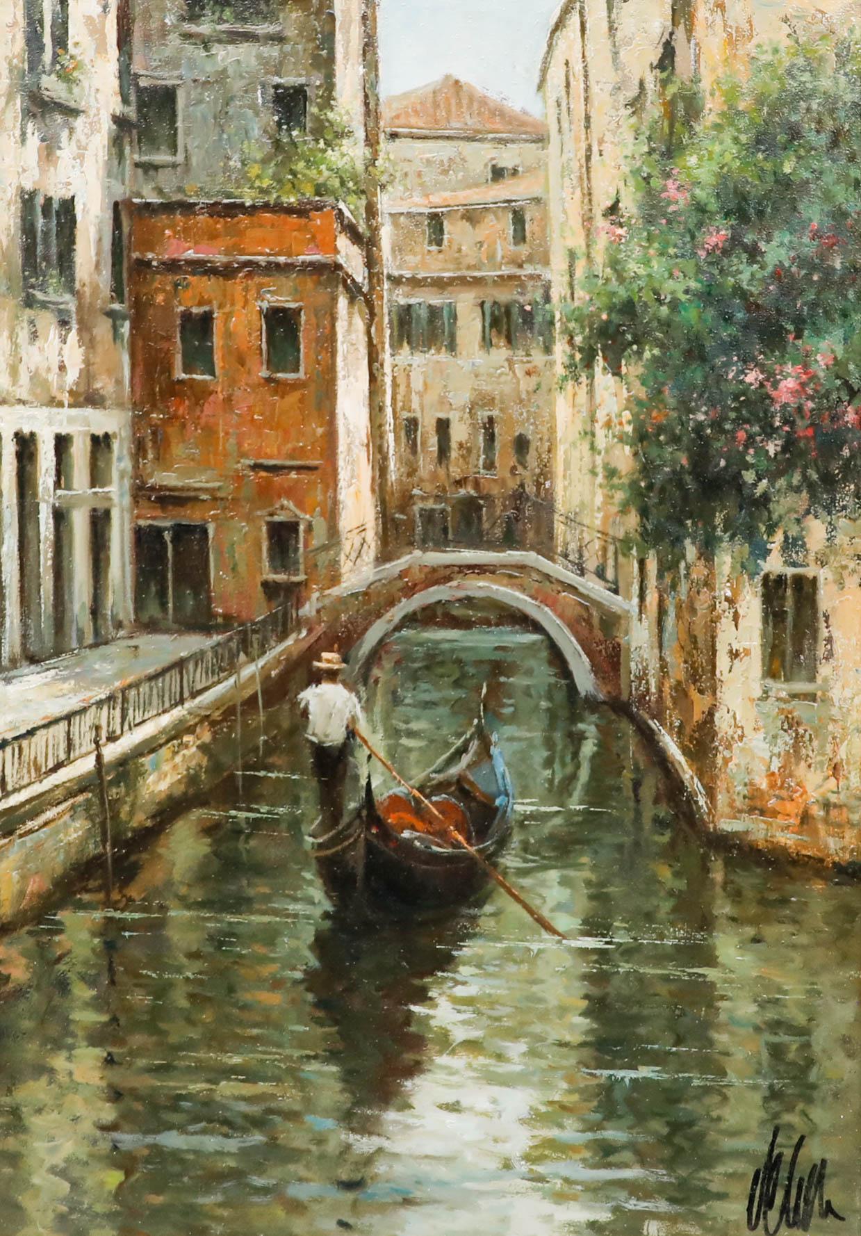 Gerahmtes Ölgemälde des 20. Jahrhunderts – Gondolier an der Canal Bridge – Painting von Unknown