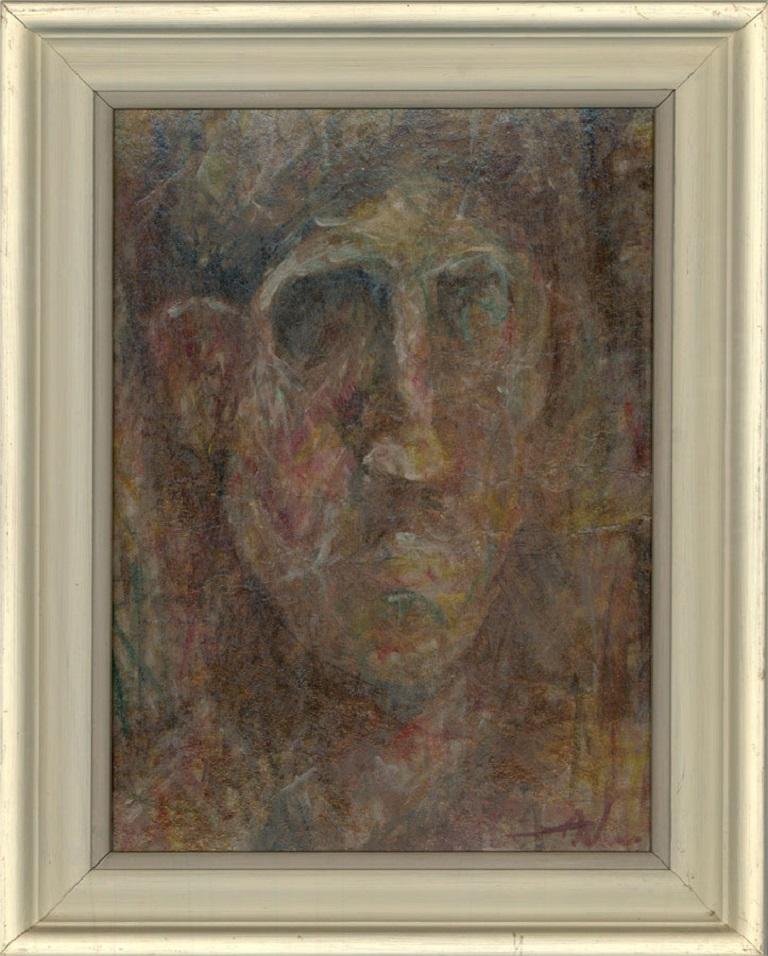 Un insolito ed espressivo studio della testa di un uomo. L'artista ha utilizzato una varietà di colori e pennellate per creare una composizione stratificata e un po' inquietante. Ben presentato in una cornice di legno bianco dipinto. Firmato in modo