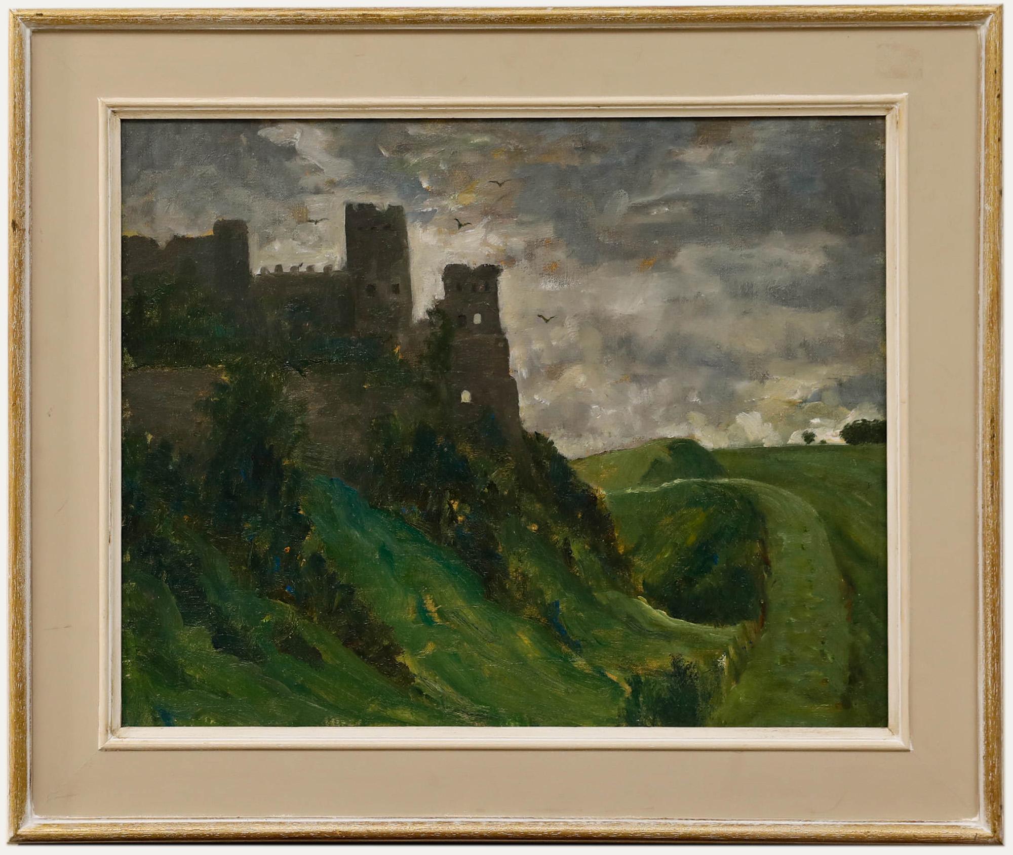 Unknown Landscape Painting – Gerahmtes Ölgemälde des 20. Jahrhunderts – Hilltop Castle