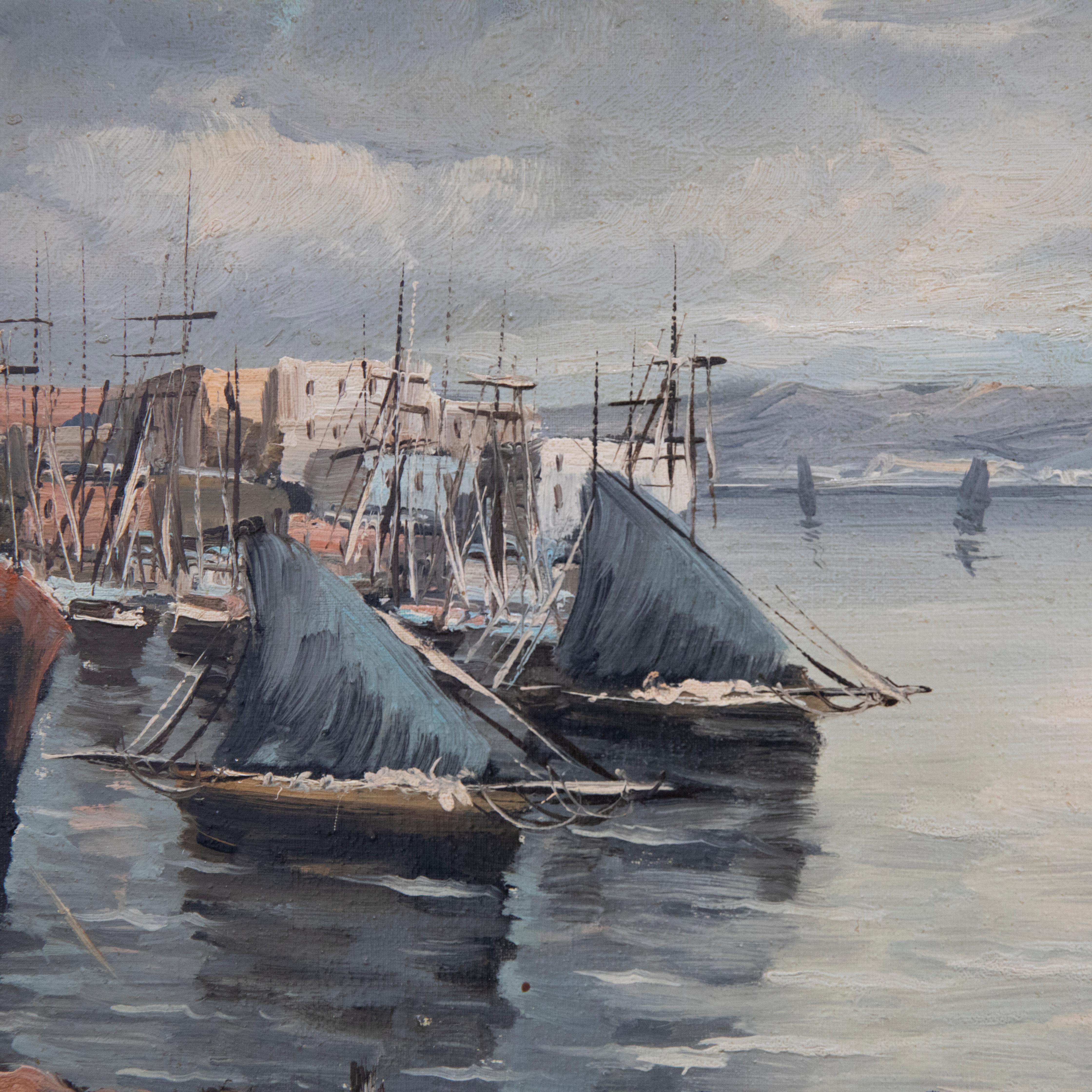 Framed 20th Century Oil - Italian Harbour Scene For Sale 1