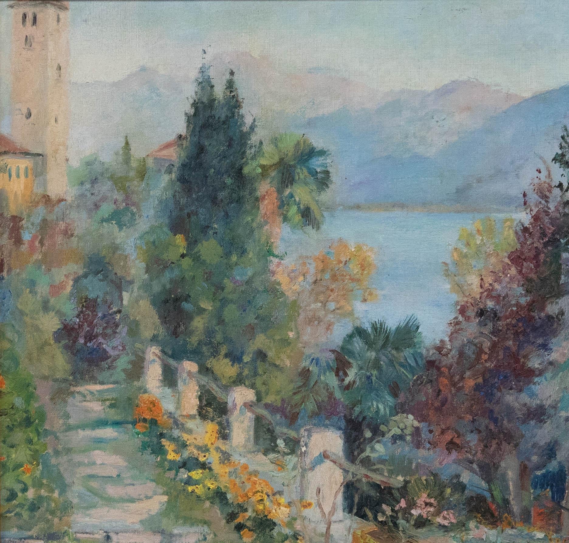 Óleo enmarcado del siglo XX - Jardín adosado italiano - Painting de Unknown