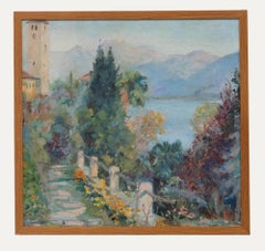 Óleo enmarcado del siglo XX - Jardín adosado italiano