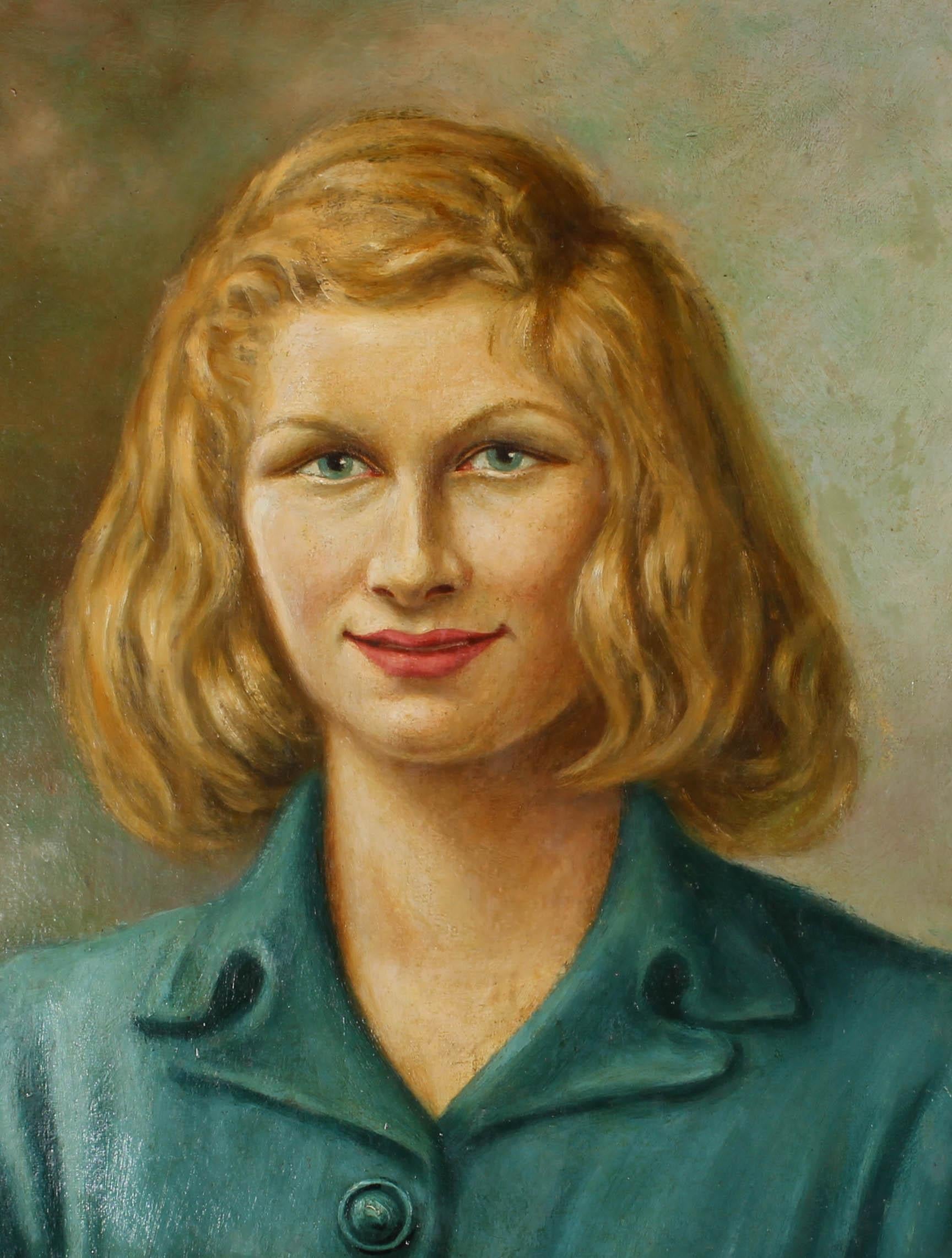 Olio del XX secolo incorniciato - Donna in camicia verde - Painting di Unknown