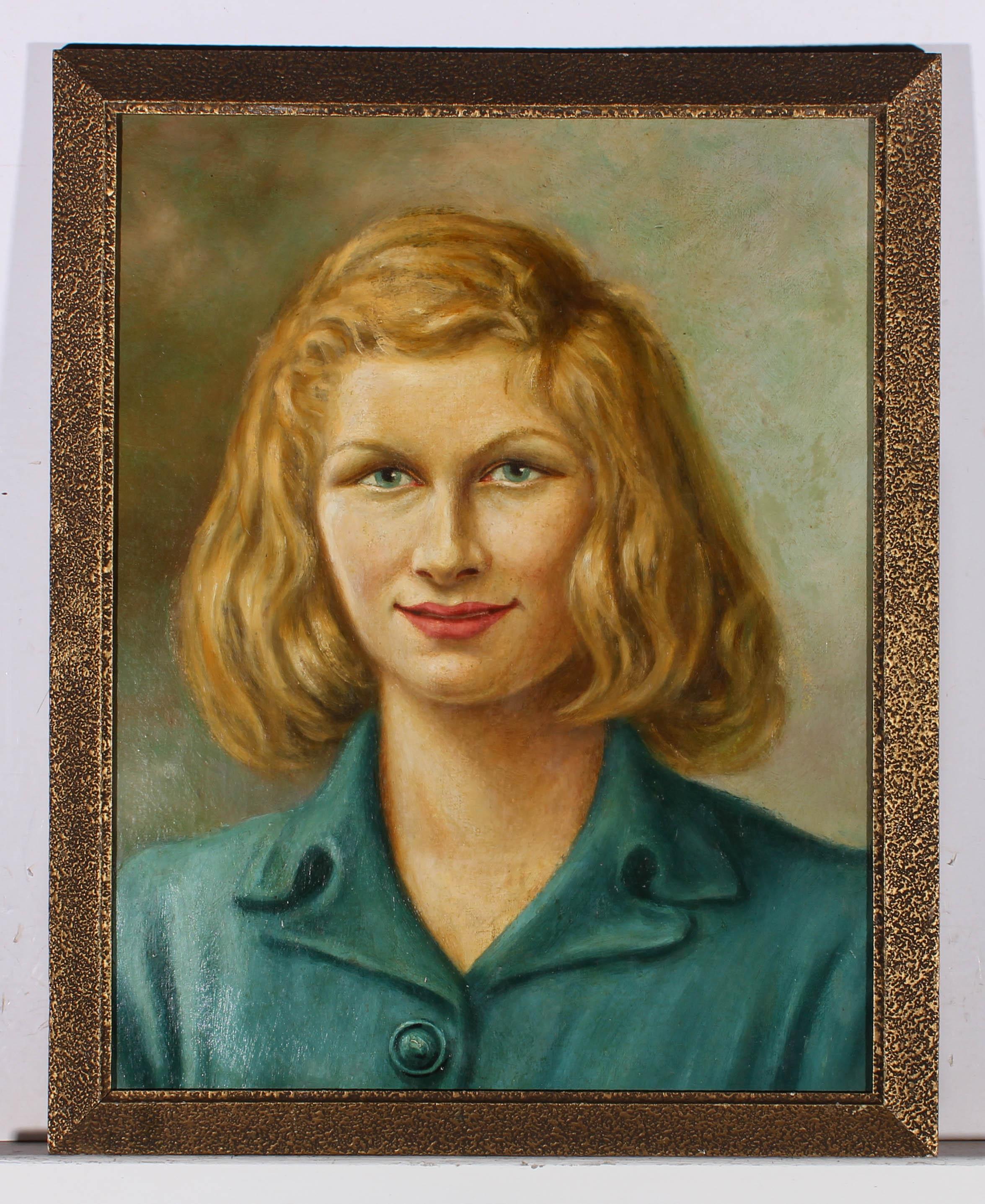 Un dipinto a olio espressivo, che raffigura una signora bionda con una camicia verde. Senza segno. Presentato in una cornice strutturata con effetto dorato. A bordo.