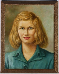 Olio del XX secolo incorniciato - Donna in camicia verde