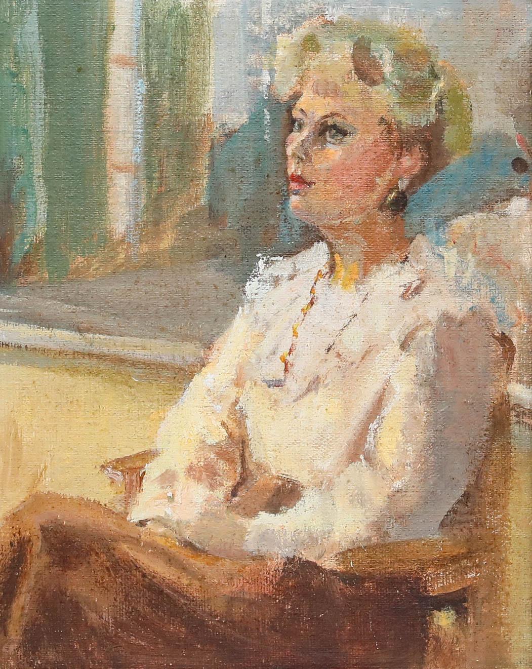 Olio del XX secolo incorniciato - Signora in poltrona - Painting di Unknown