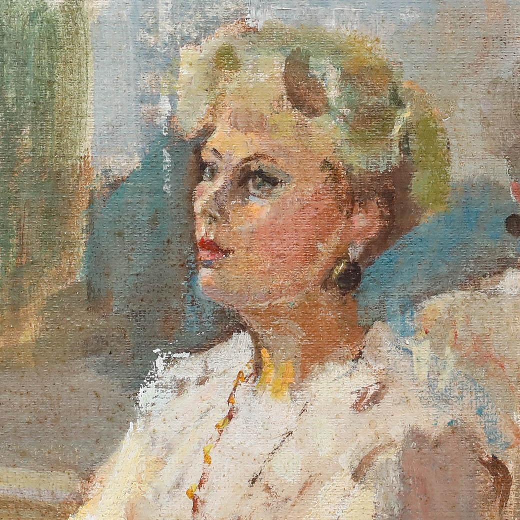 Impressionista, olio su tavola di tela. Ritratto di una signora seduta in una poltrona di legno. Senza segno. Ben presentato in una cornice contemporanea color calce. 
