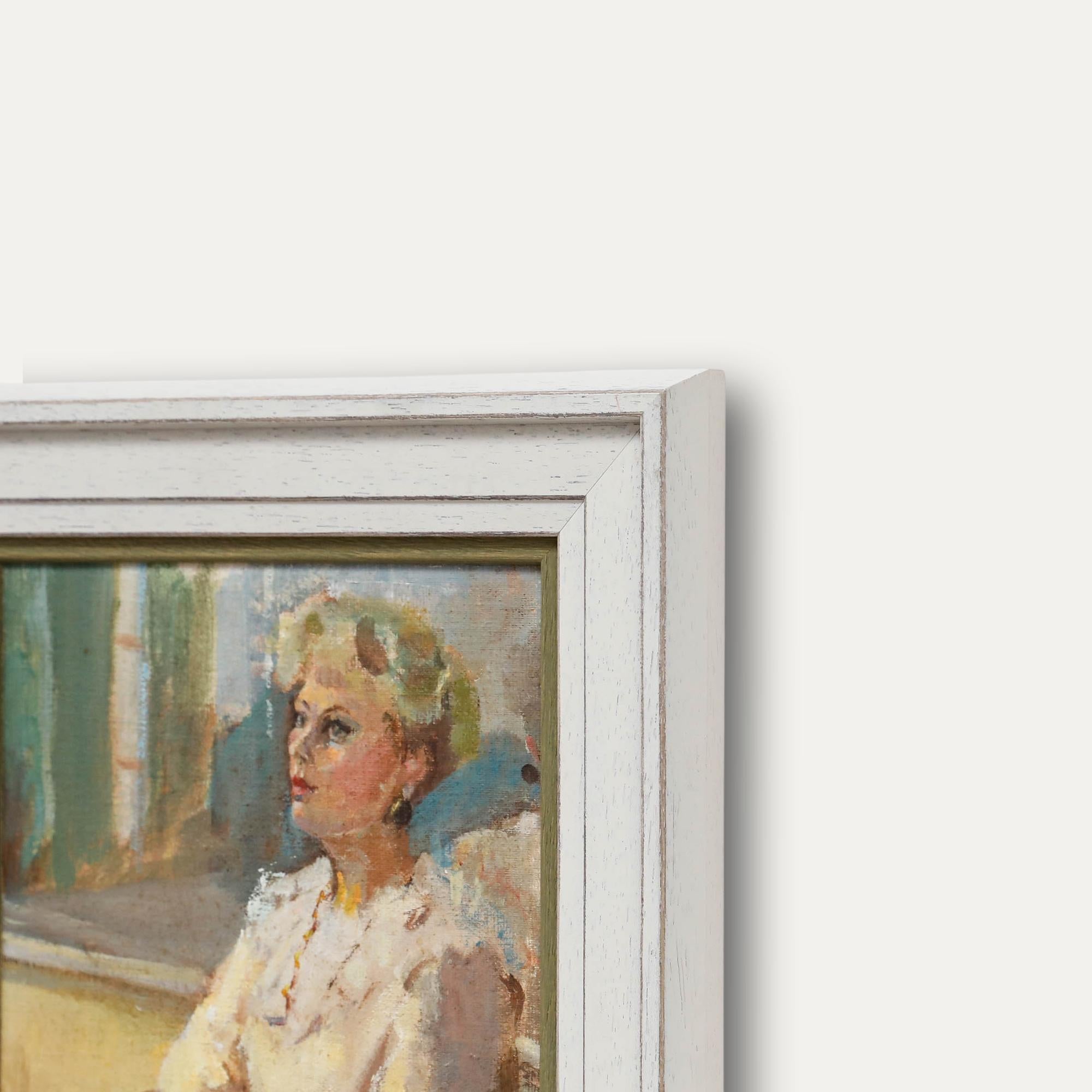 Olio del XX secolo incorniciato - Signora in poltrona in vendita 1