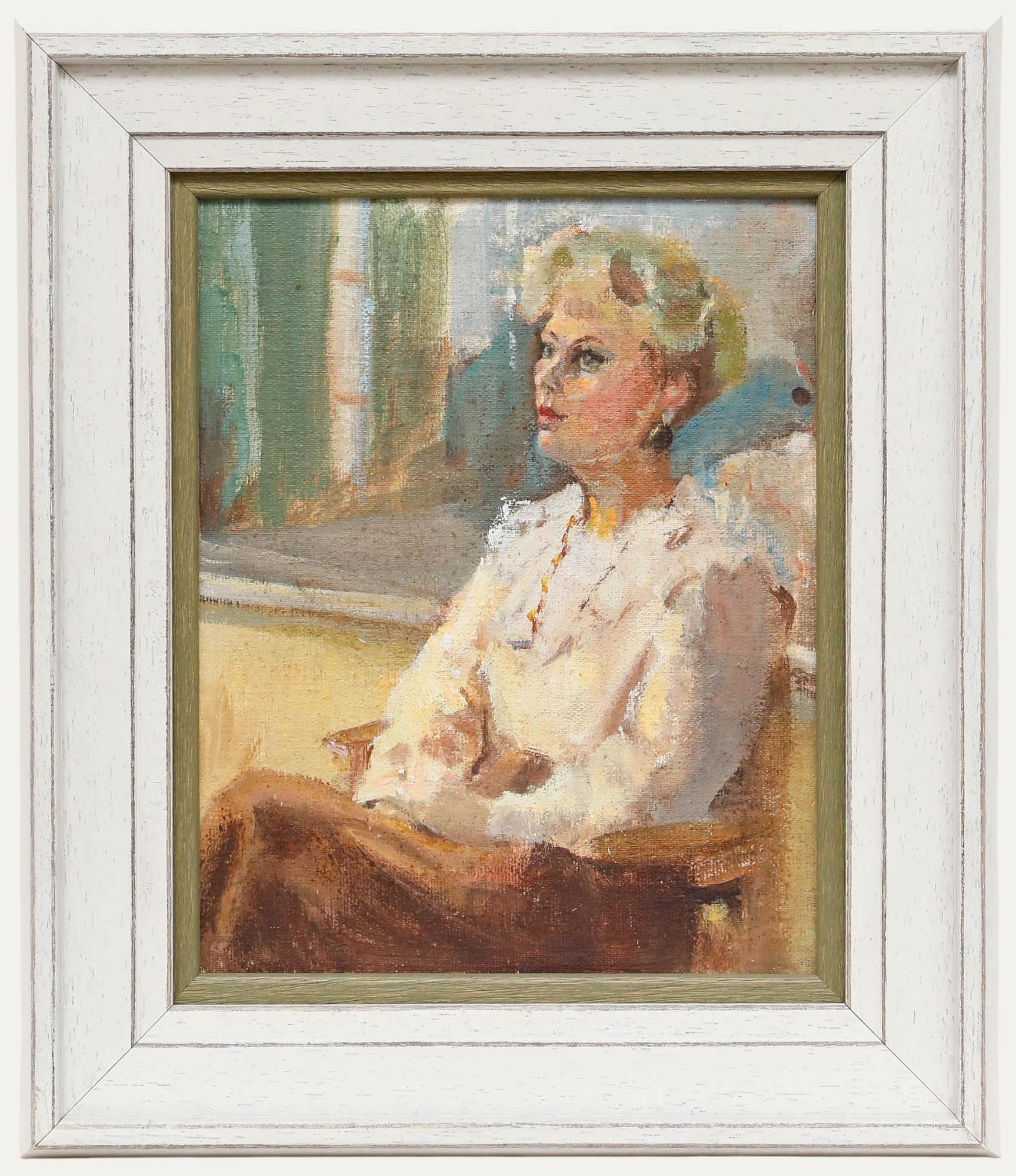 Portrait Painting di Unknown - Olio del XX secolo incorniciato - Signora in poltrona