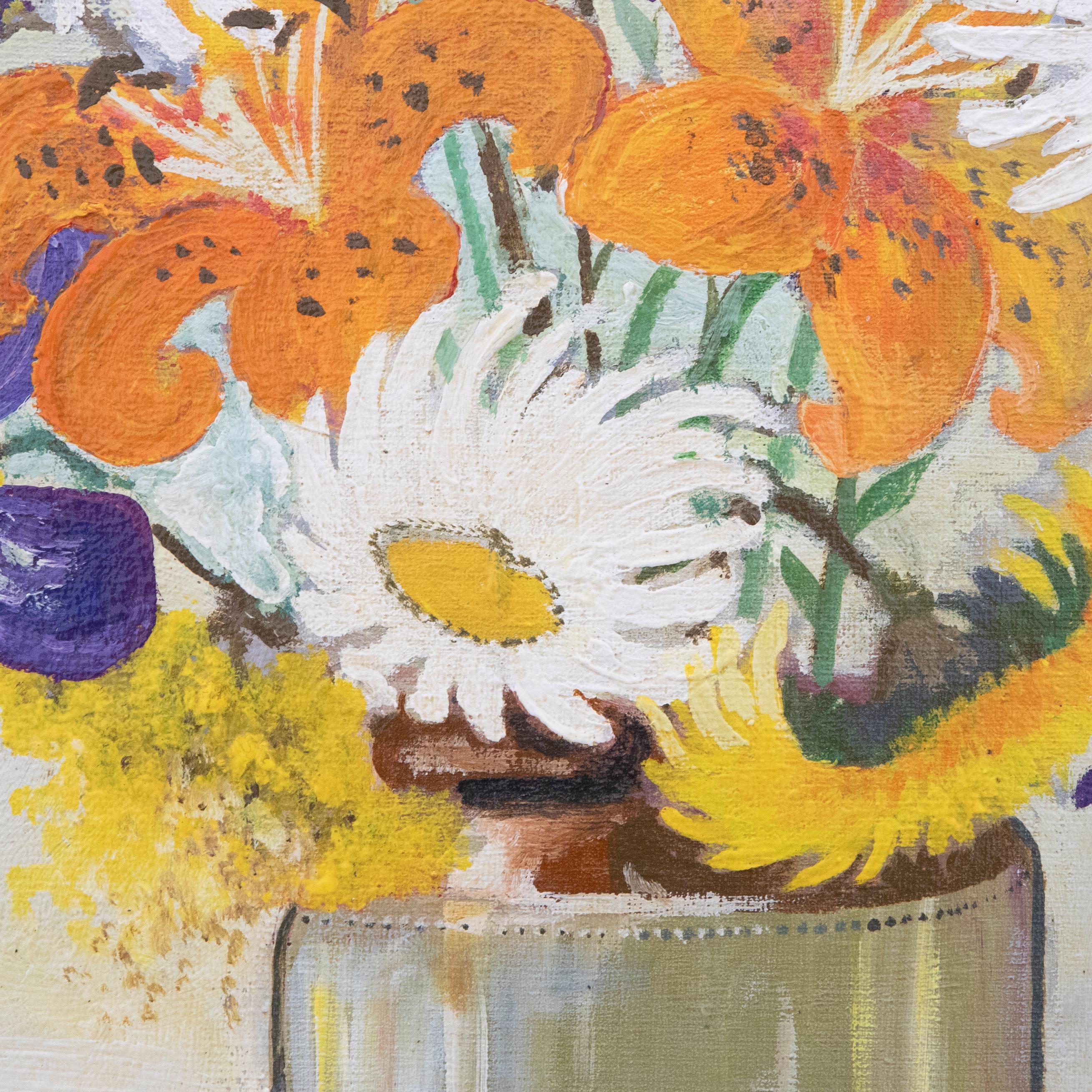 This large floral study packs a punch with its bold colour choice. The artist has depicted lilies and daisies, mixed with purple and yellow flowers. Beautifully presented in a decorative gilt-effect frame. Signed with initials. On canvas board. 
