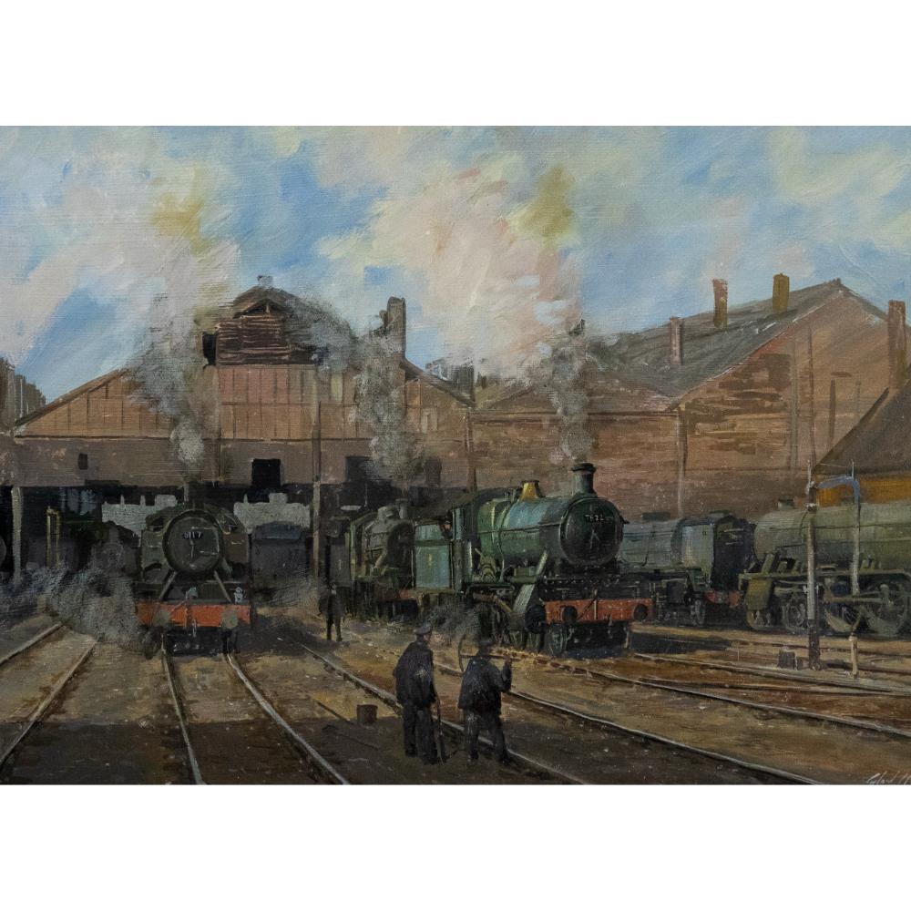 Framed 20th Century Oil - Locomotives at the Yard - Painting by Unknown
