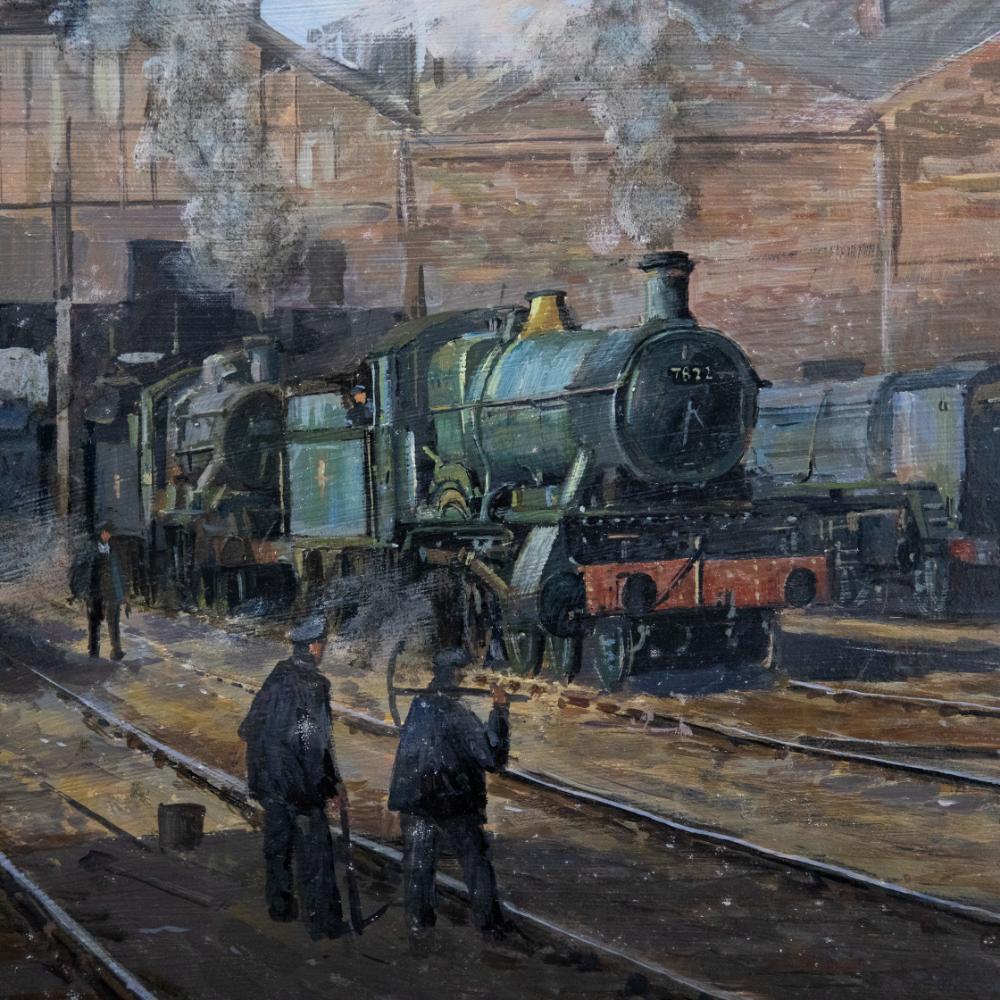 Framed 20th Century Oil - Locomotives at the Yard For Sale 1